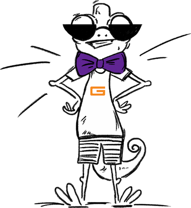 Gamma cameleon in Gamma t-shirt with glasses on